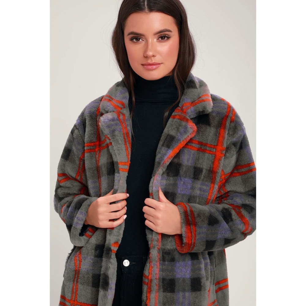 Lulus Plaid Faux Fur Coat - Picture 2 of 4